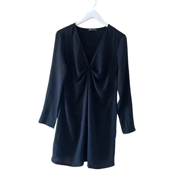 ZARA Black SHORT DRAPED DRESS Long Sleeves V-Neck Women’s Minimalist SZ S #1669 - Picture 3 of 14